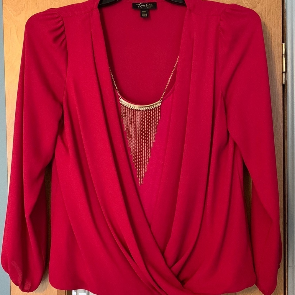 Thalia Sodi Surplice Draped Necklace Trim Long Sleeve Blouse size medium.
